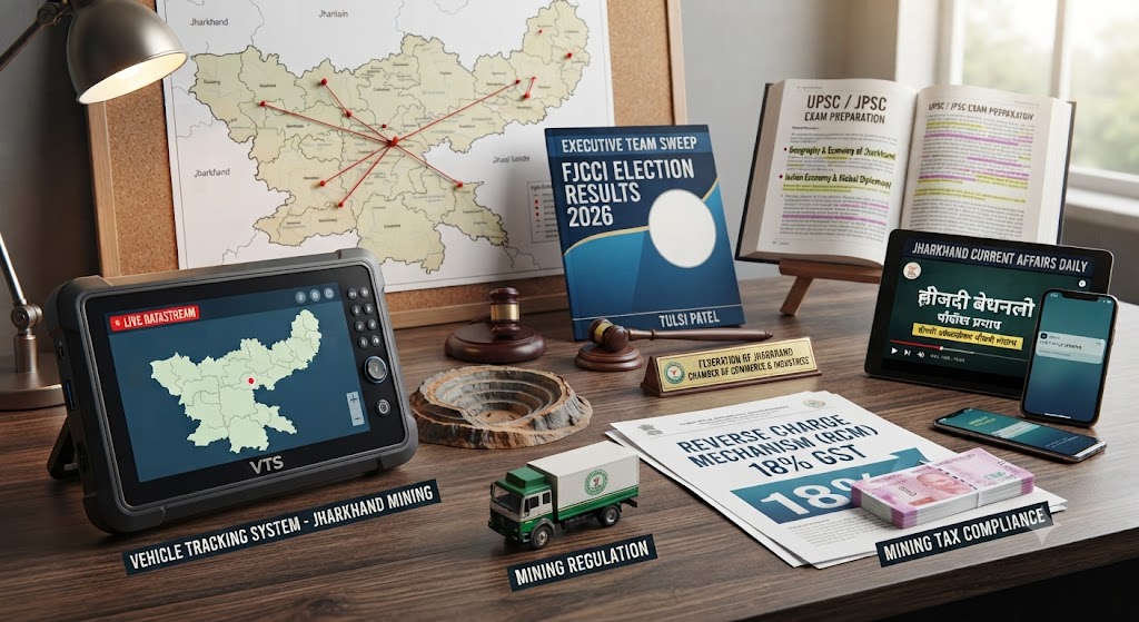 Jharkhand Current Affairs 14 September 2026 desk setup with Madhya Pradesh mining GST reports, VTS tracking map, and JPSC study material