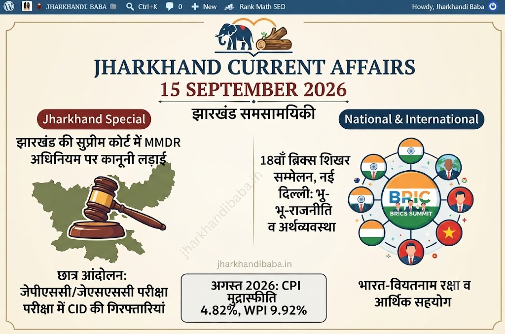 Jharkhand Current Affairs 15 September 2026 infographic highlighting MMDR Act Supreme Court case, BRICS Summit, inflation rates, and daily current affairs for JPSC and UPSC aspirants.