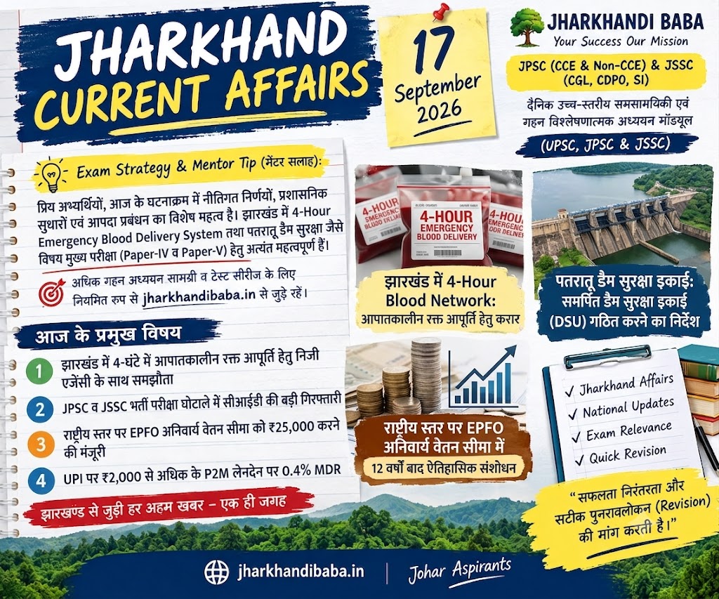Jharkhand Current Affairs 17 September 2026 infographic featuring updates on the 4-hour blood delivery network, EPFO wage ceiling, and JPSC JSSC news.