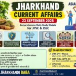 Jharkhand Current Affairs 23 September 2026 - Infographic covering Karam Festival, PM Poshan Scheme, Asian Games Gold, and SIR 2026.