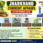 Infographic of Jharkhand Current Affairs 24 September 2026 study module, summarizing news on new High Court judges, SAHAJ AI, HEC EPF crisis, Karam Festival, and Asian Games weightlifting.