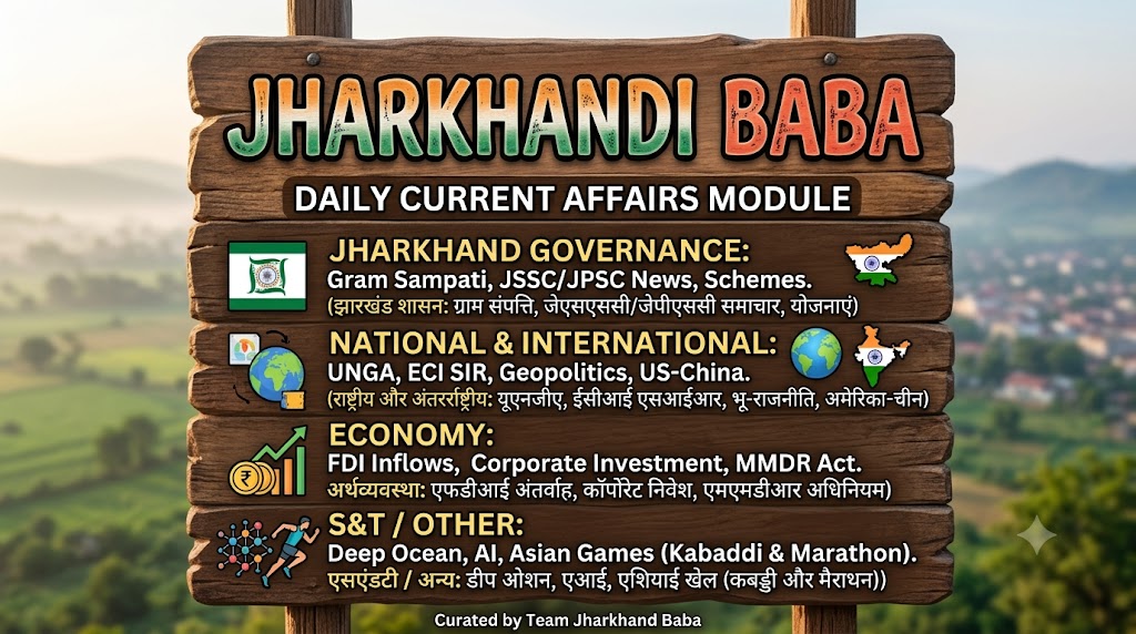 Jharkhand Current Affairs 27 September 2026 daily study module infographic covering Gram Sampati, JPSC/JSSC updates, UNGA, and macroeconomic indicators.