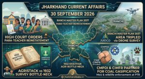 Jharkhand Current Affairs 30 September 2026 infographic highlighting Ranchi Master Plan 2037 and 1932 Khatiyan updates