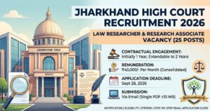 An infographic for Jharkhand High Court Recruitment 2026 detailing 25 Law Researcher and Research Associate vacancies.