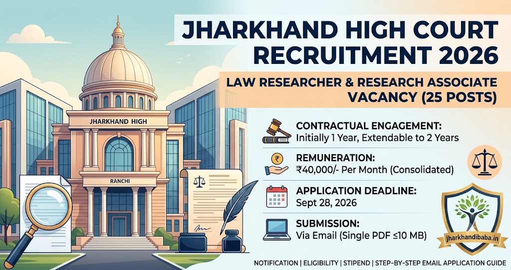 An infographic for Jharkhand High Court Recruitment 2026 detailing 25 Law Researcher and Research Associate vacancies.