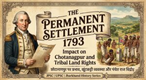The Permanent Settlement 1793 by Lord Cornwallis and its impact on Chotanagpur tribal land rights, Khuntkatti system, and the Panchet Raj Rebellion.