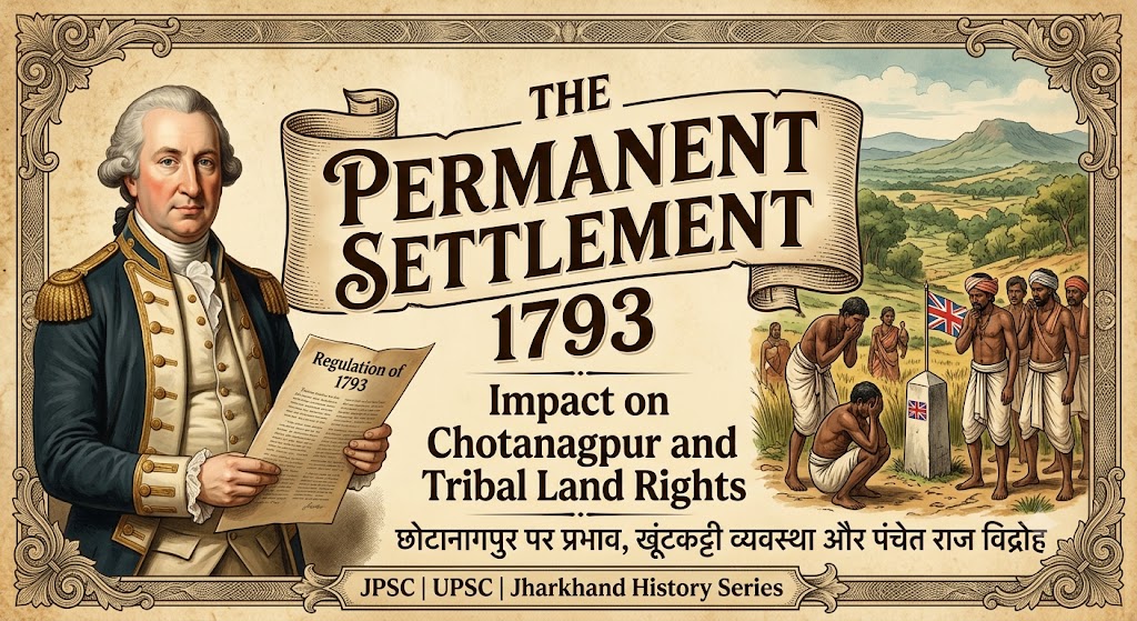 The Permanent Settlement 1793 by Lord Cornwallis and its impact on Chotanagpur tribal land rights, Khuntkatti system, and the Panchet Raj Rebellion.