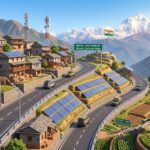 3D illustration of a modernized Indian border village in the Himalayas featuring solar panels, all-weather roads, and the Indian national flag under the Vibrant Villages Programme.
