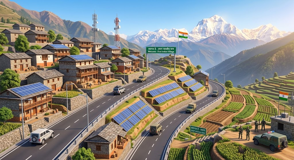 3D illustration of a modernized Indian border village in the Himalayas featuring solar panels, all-weather roads, and the Indian national flag under the Vibrant Villages Programme.